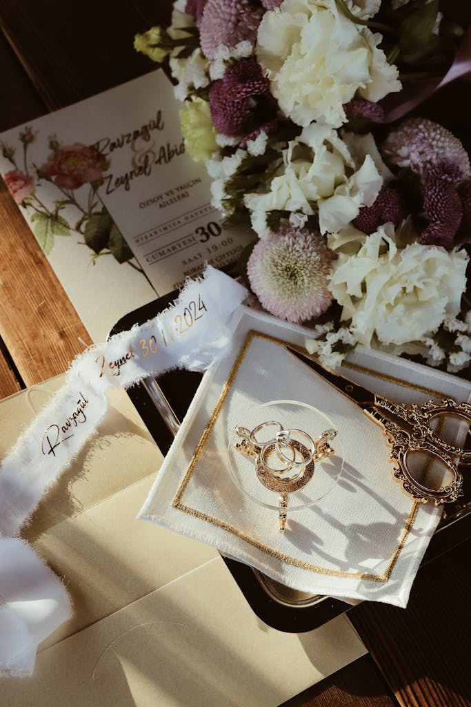 Luxurious wedding invitation set with delicate flowers and vintage decor accents.